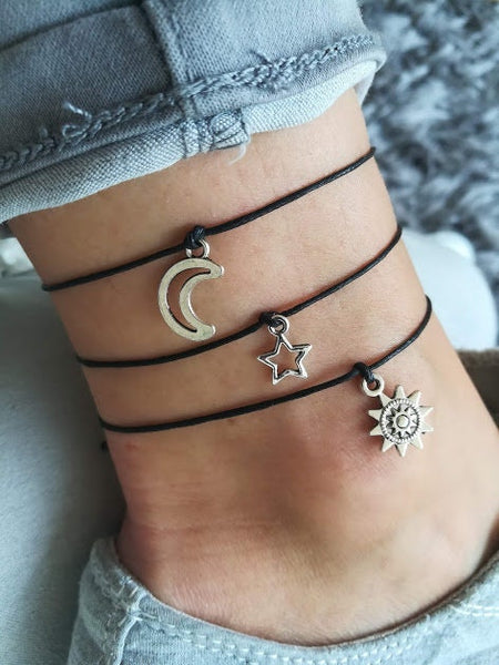 Sun Anklet, Moon Anklet, Star Anklet, Set of 3 Anklets, Festival Anklet, Beach Anklet, Silver Anklet, Adjustable Anklet, Summer Anklet, Boho