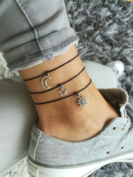 Sun Anklet, Moon Anklet, Star Anklet, Set of 3 Anklets, Festival Anklet, Beach Anklet, Silver Anklet, Adjustable Anklet, Summer Anklet, Boho