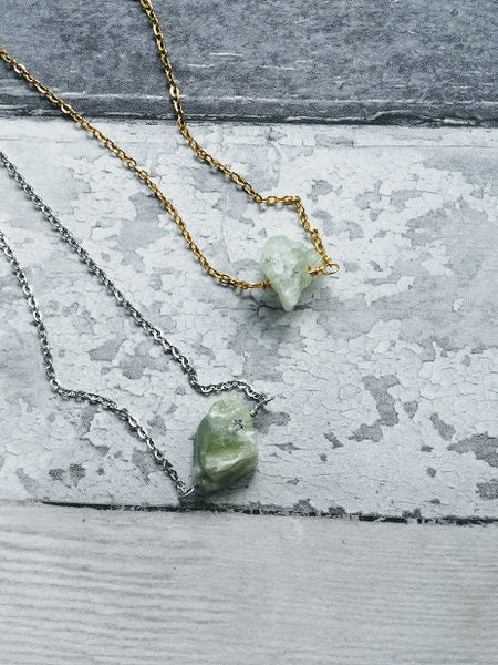 Raw Prehnite Gold Necklace Natural Stone necklace crystal necklace Prehnite Chunky Raw crystal Raw Prehnite jewelry Raw Prehnite Prehnite