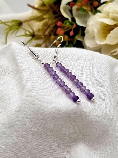 Amethyst Tiny bead earrings Gemstone Earrings garnet jewelry Amethyst drop earrings purple earrings earrings gift long earrings