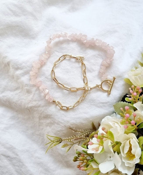 Half and half rose quartz gemstone necklace paperclip necklace crystal necklace gold plated paperclip necklace Gemstone necklace healing