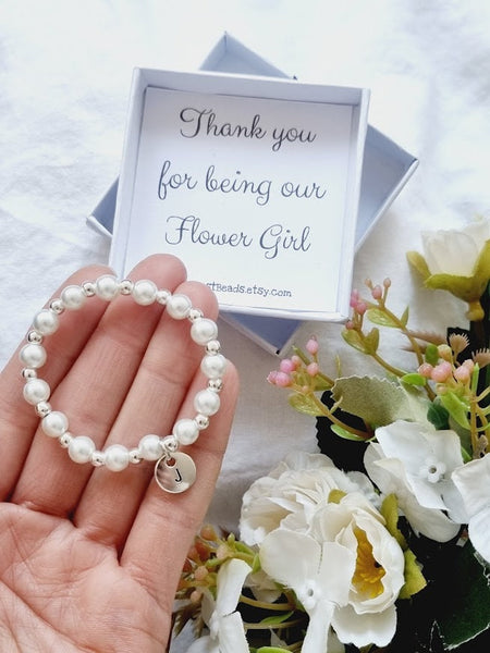 Thank You Flower Girl Bracelet Flower Girl Bracelet Flower Girl Gift Flower Girl Jewellery Pearl Bracelet Wedding Party Gift Flower Charm