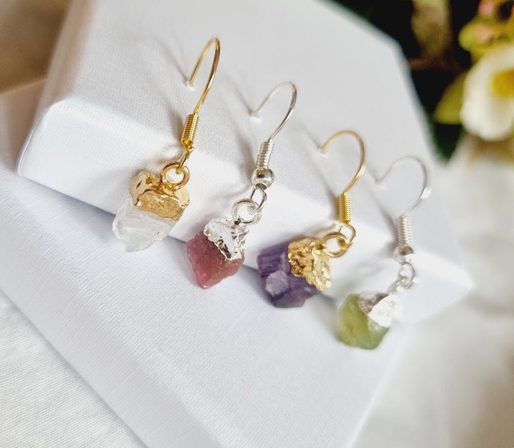 Raw dipped earrings birthstone earrings natural stone earrings healing stones gemstone earrings gem jewelry boho earrings hippie earrings